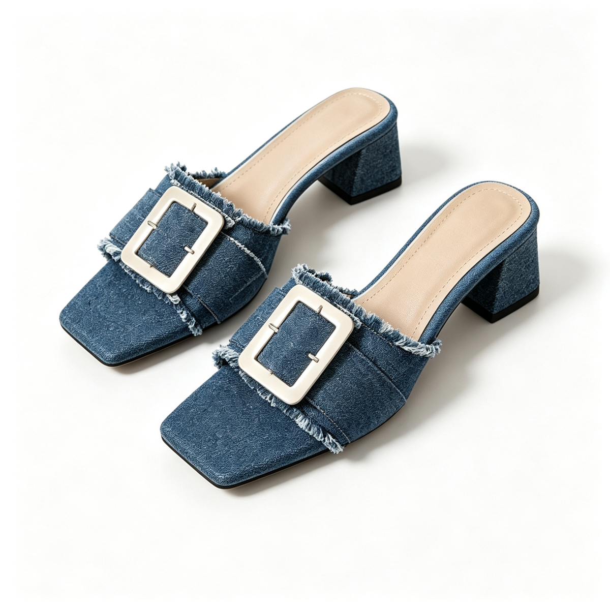 Women Denim Square Toe Fringe Buckle Block Heel Mules