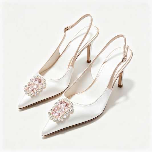 Women White Satin Pink Crystal Pointed Toe Stiletto Sandals