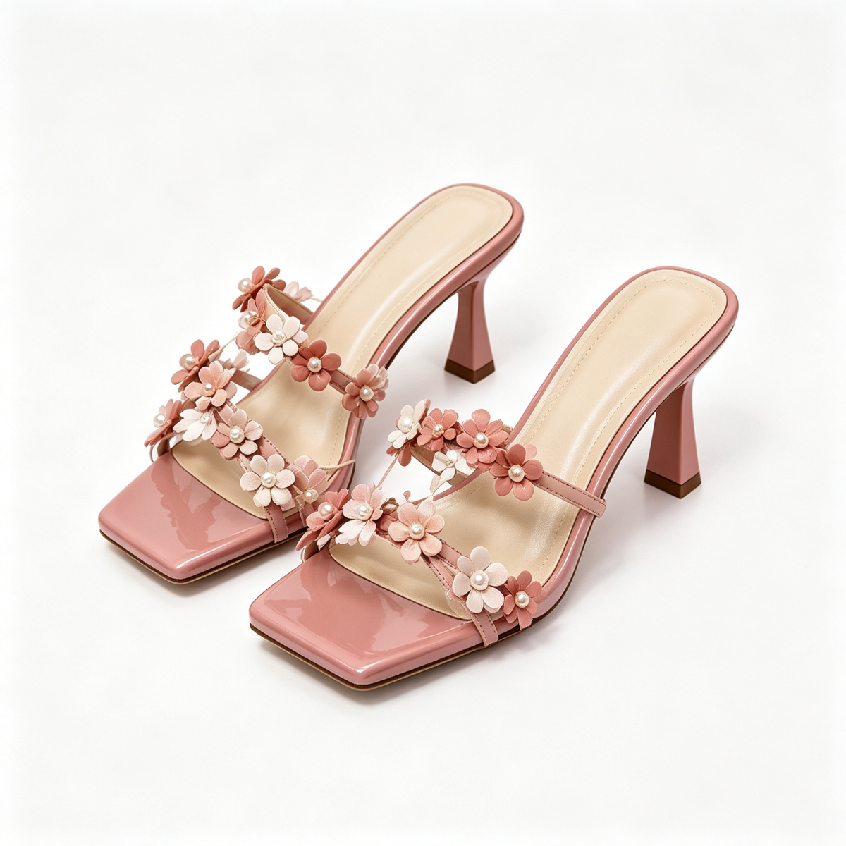 Women Pink Patent Floral Pearl Square Toe Block Heel Slides