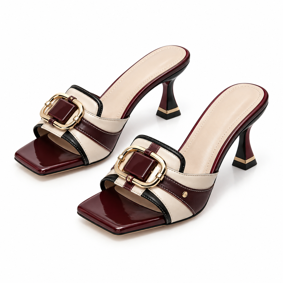Women Brown Croc Embossed Stud Square Toe Chunky Heel Mules