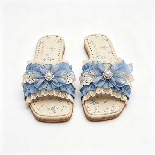 Women Cream Blue Flower Ruffle Pearl Flat Slide Sandals