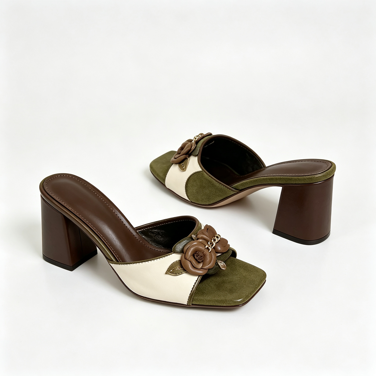 Women Wine Red Patent Square Toe Gold Buckle Kitten Heel Mules