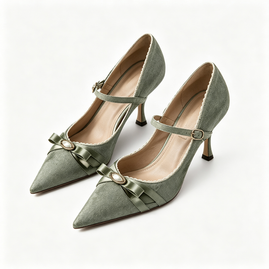 Women Sage Suede Lace Bow Pearl Pointed Toe Stiletto Heels