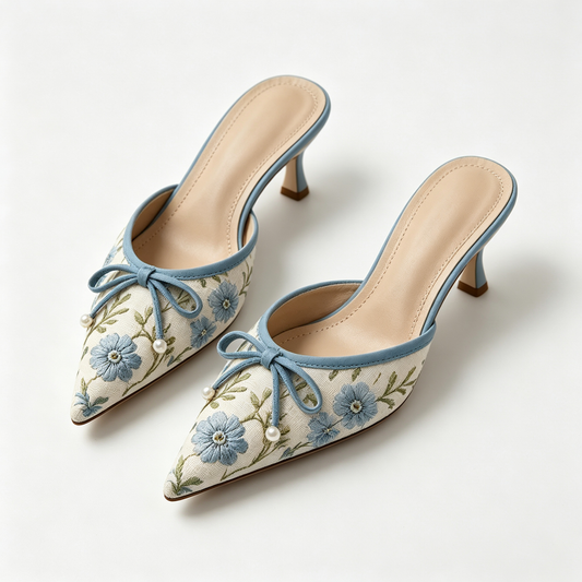 Women Cream Blue Embroidered Bow Pointed Toe Stiletto Mules