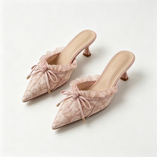 Women Pink Lace Ruffle Bow Pointed Toe Stiletto Mules