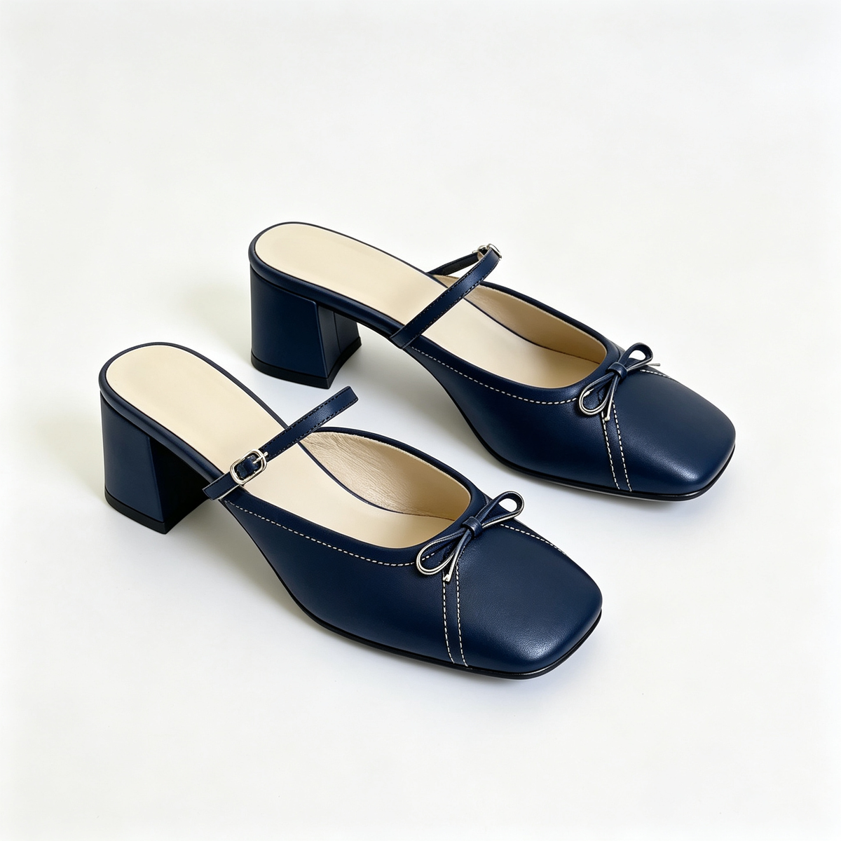 Women Navy Blue Bow Square Toe Block Heel Mules