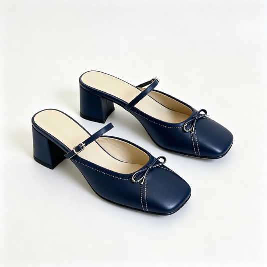 Women Navy Blue Bow Square Toe Block Heel Mules