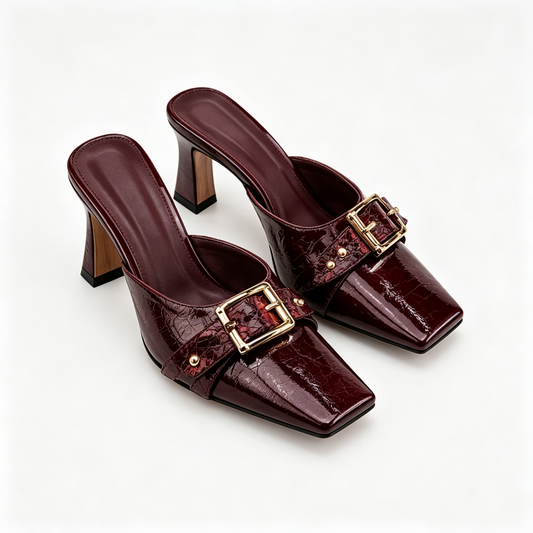 Women Wine Red Croc Print Square Toe High Heel Mules