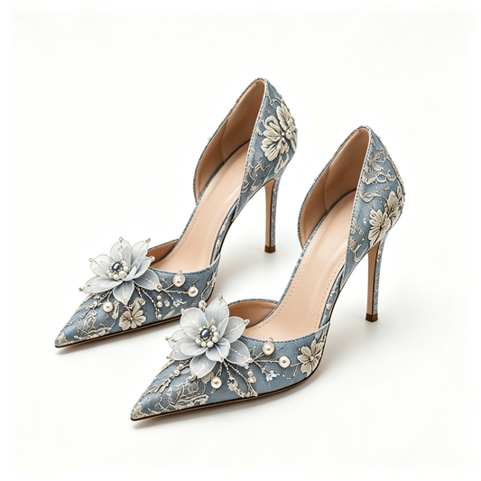 Women Light Blue Embroidered Flower Pearl Pointed Toe Stiletto Heels
