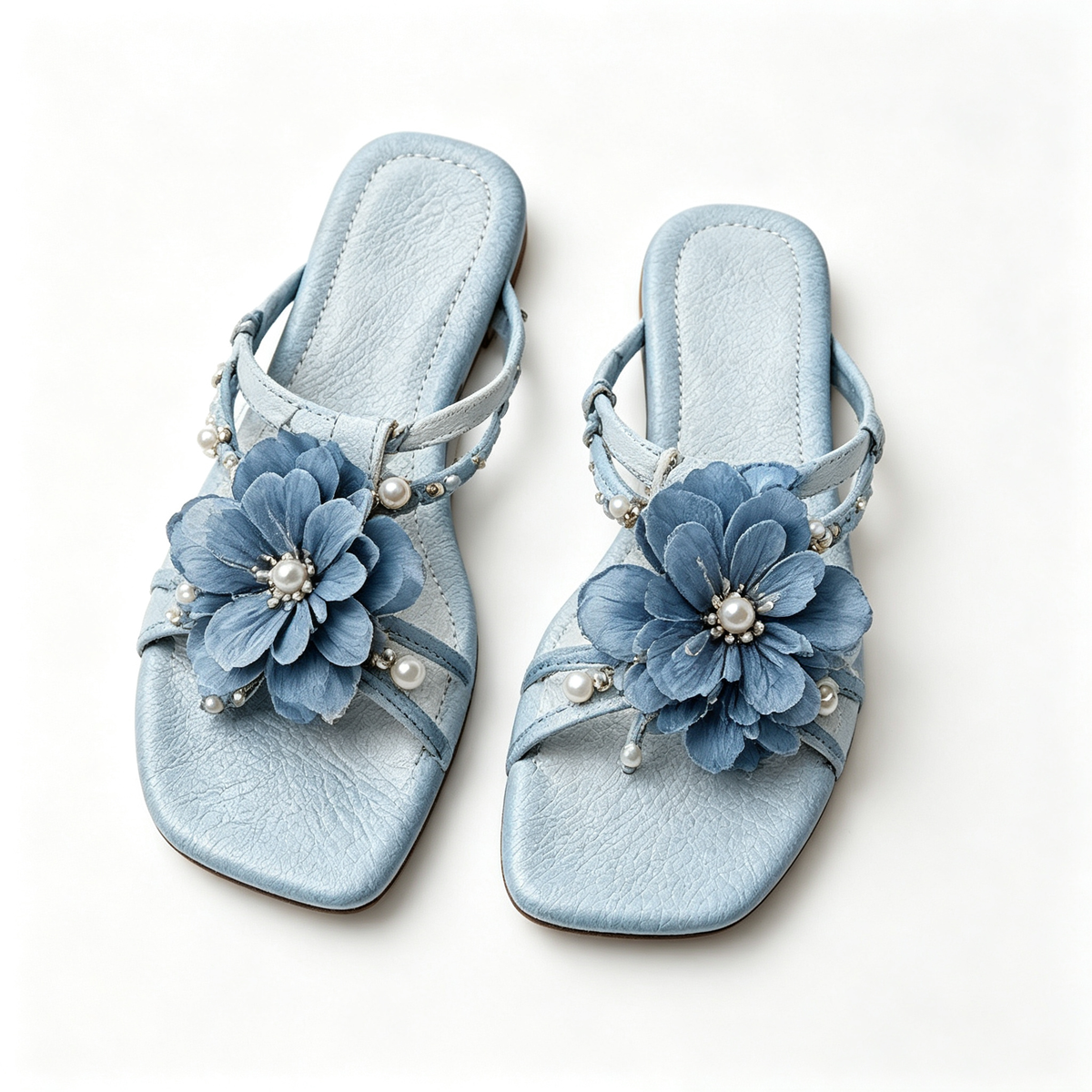 Women Light Blue Pearl Fabric Flower Flat Slide Sandals