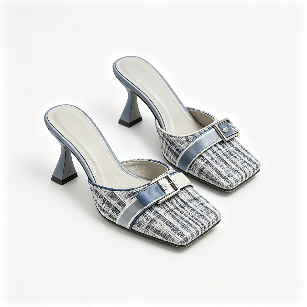 Women Blue Tweed Buckle Square Toe Flare Heel Mules