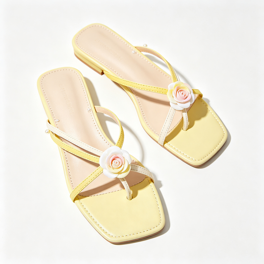 Women Yellow Cream Flower Pearl Flat Thong Slide Sandals
