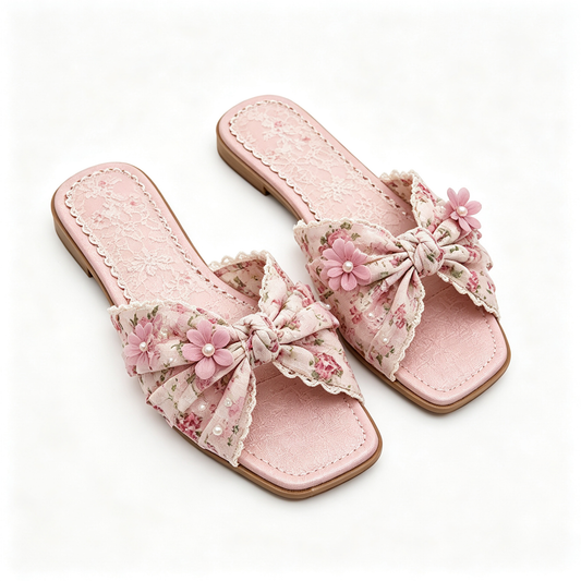 Women Pink Lace Bow Flower Pearl Flat Slide Sandals