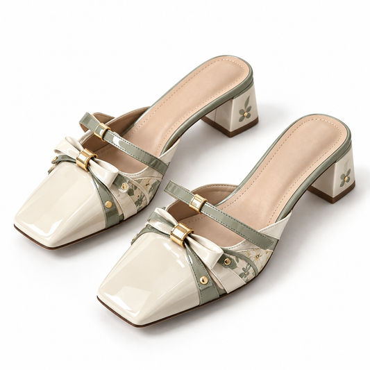 Women Cream Green Bow Floral Print Square Toe Block Heel Mules