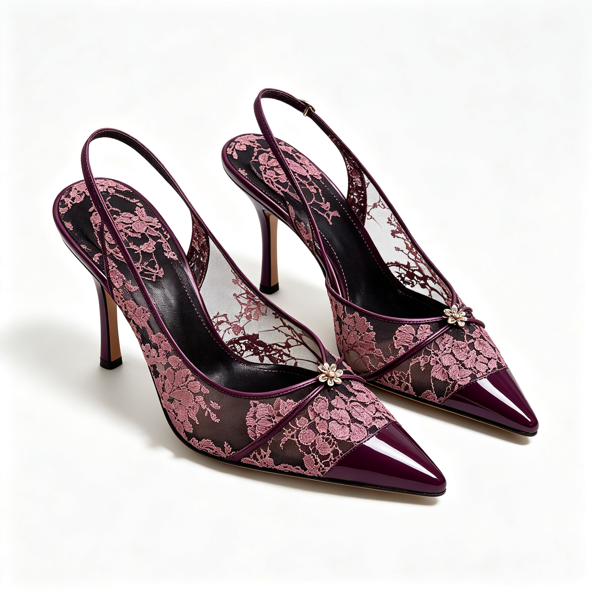 Women Black Lace Wine Flower Pointed Toe Stiletto Backless