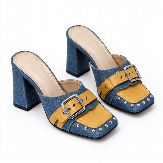 Women Denim Leather Stud Square Toe Chunky Heel Mules