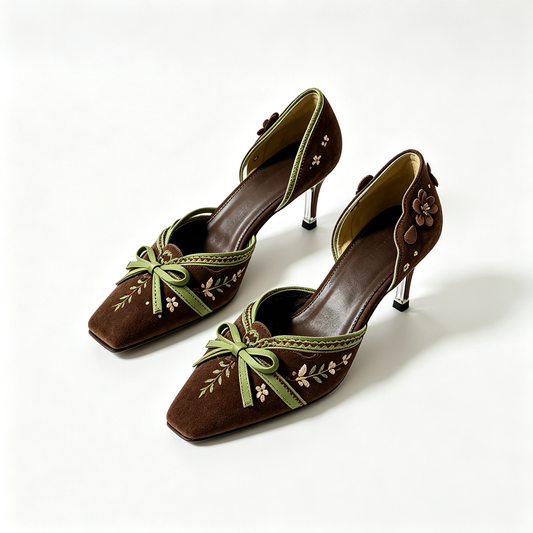 Women Brown Embroidered Square Toe High Heel Pumps