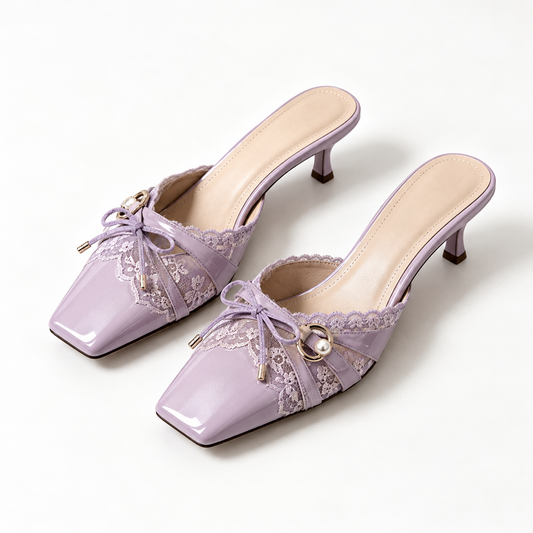 Women Lilac Purple Lace Bow Pearl Square Toe Kitten Heel Mules