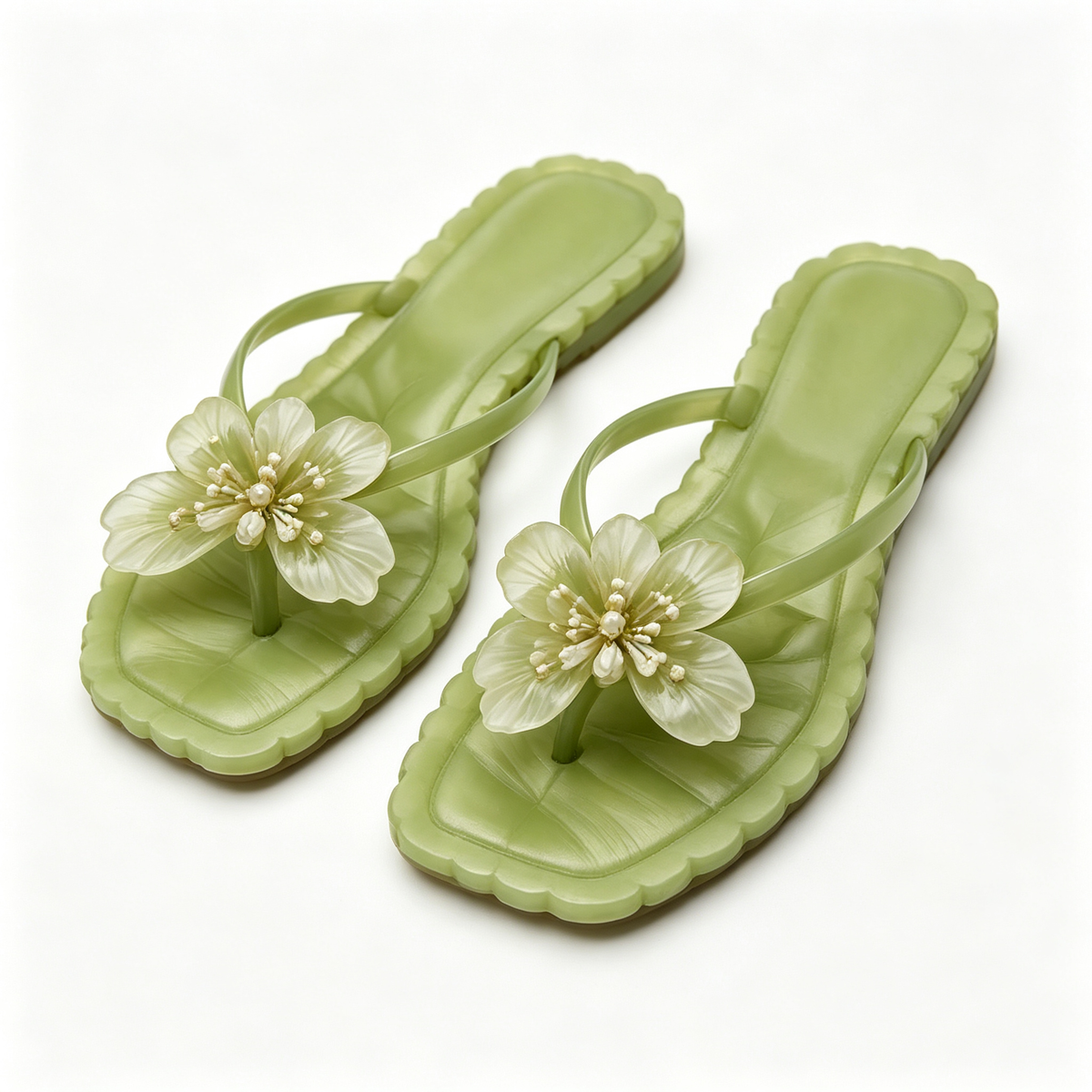 Women Green Clear Wave Flower Pearl Flat Thong Slide Sandals