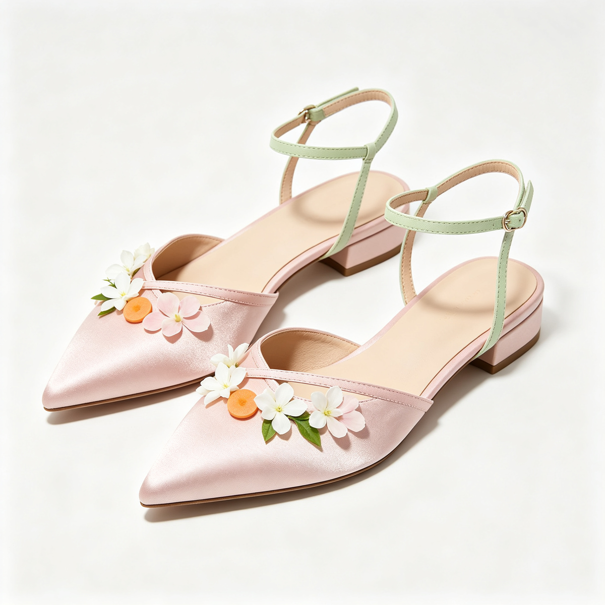 Women Blush Satin Flower Pointed Toe Low Heel Sandals