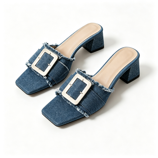 Women Denim Square Toe Fringe Buckle Block Heel Mules