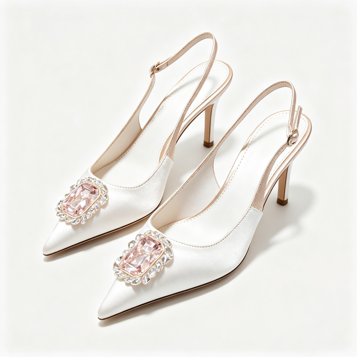 Women White Satin Pink Crystal Pointed Toe Stiletto Sandals