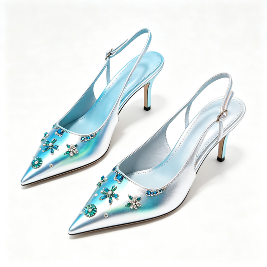 Women Silver Blue Crystal Flower Pointed Toe Stiletto Backless