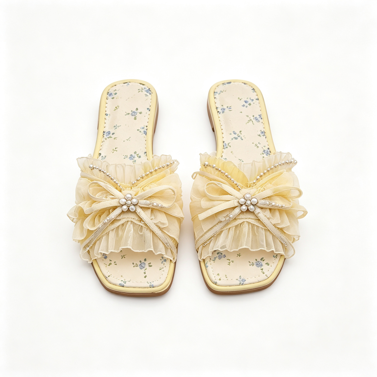 Women Pale Yellow Blue Print Bow Pearl Flat Slide Sandals