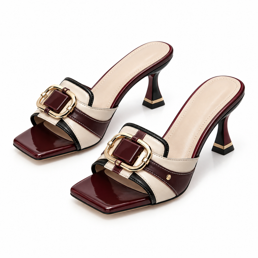 Women Brown Croc Embossed Stud Square Toe Chunky Heel Mules