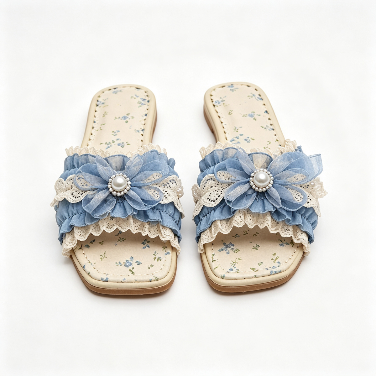 Women Cream Blue Flower Ruffle Pearl Flat Slide Sandals