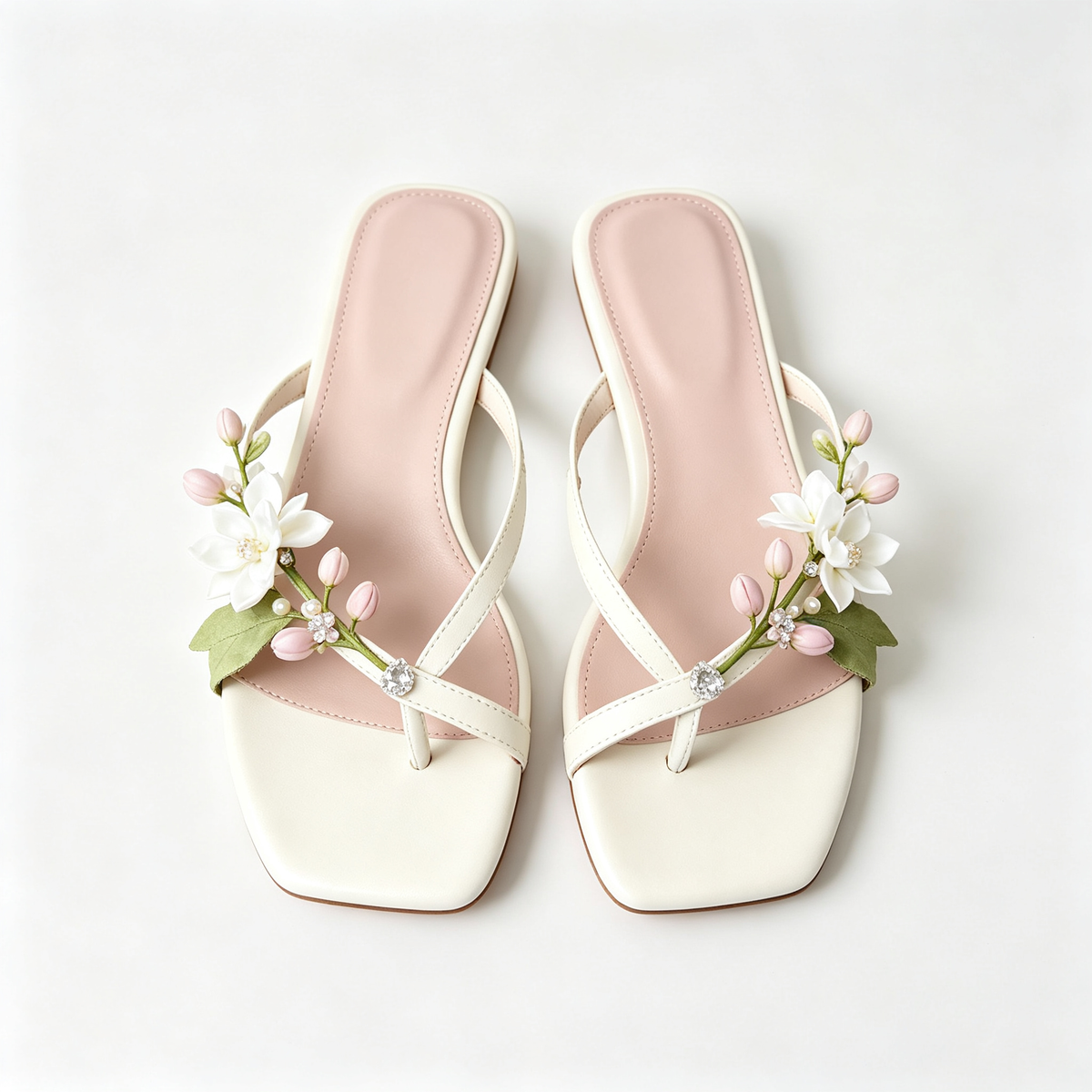 Women White Pink Flower Crystal Pearl Thong Slide Sandals