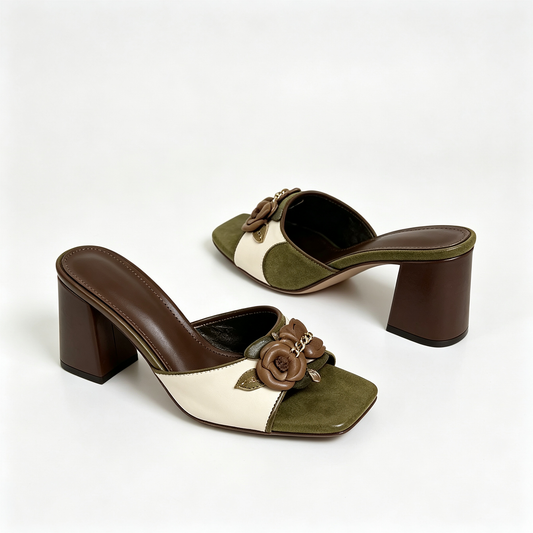 Women Wine Red Patent Square Toe Gold Buckle Kitten Heel Mules