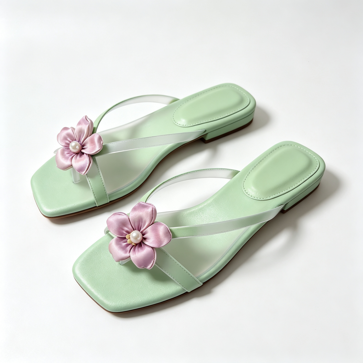 Women Mint Transparent Pink Flower Pearl Slide Sandals