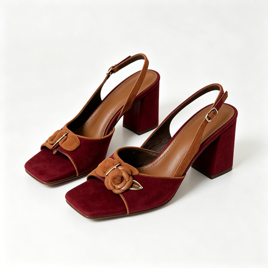 Women Wine Red Suede Floral Bow Square Toe Block Heel Mules