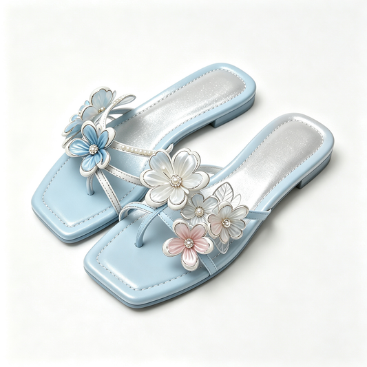 Women Light Blue Multi Flower Pearl Thong Slide Sandals
