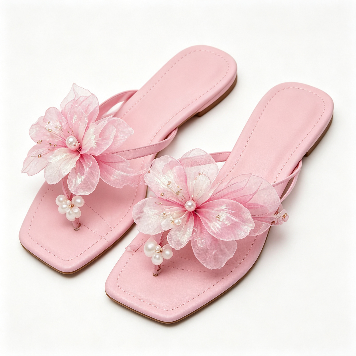 Women Pink Satin Flower Pearl Thong Slide Sandals
