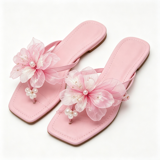 Women Pink Satin Flower Pearl Thong Slide Sandals