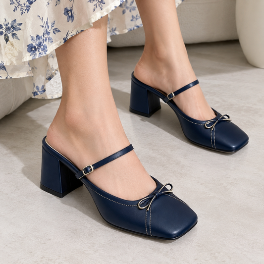 Women Navy Blue Bow Square Toe Block Heel Mules