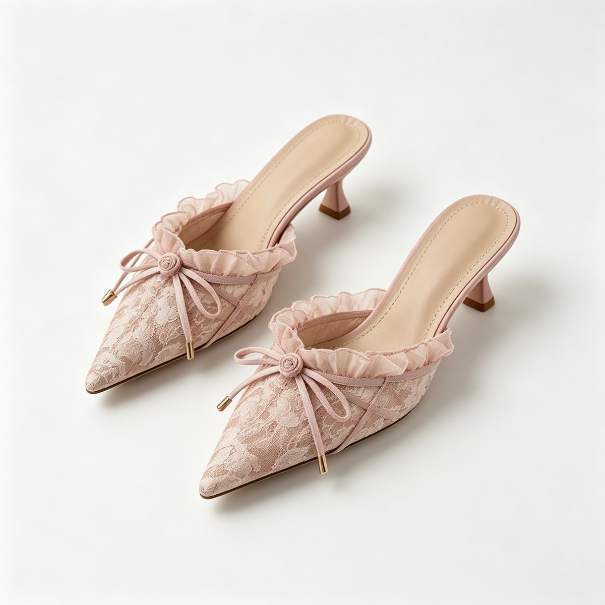 Women Pink Lace Ruffle Bow Pointed Toe Stiletto Mules