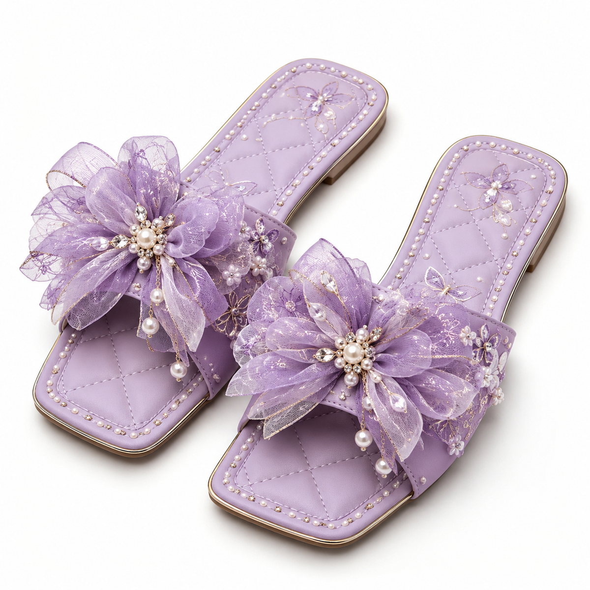 Women Lilac Quilt Flower Pearl Slide Sandals