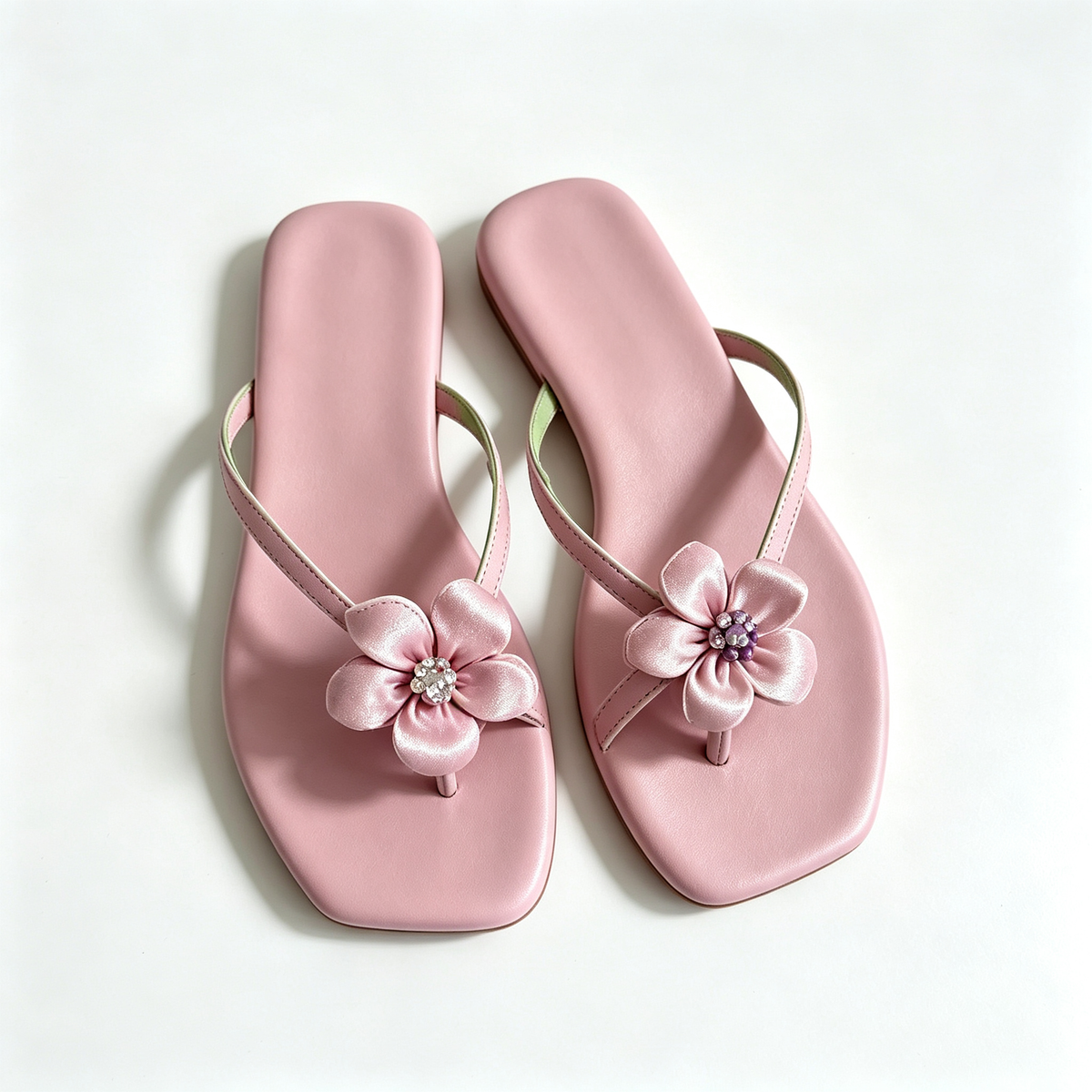 Women Blush Satin Flower Pearl Thong Slide Sandals