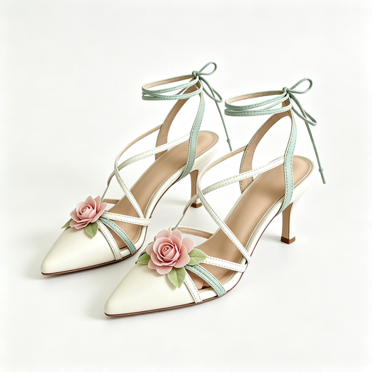 Women Cream Mint Rose Tie Pointed Toe Stiletto Sandals