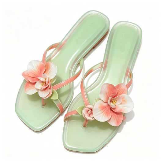 Women Mint Clear Flower Flat Thong Slide Sandals