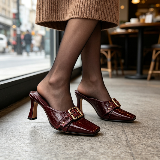 Women Wine Red Croc Print Square Toe High Heel Mules