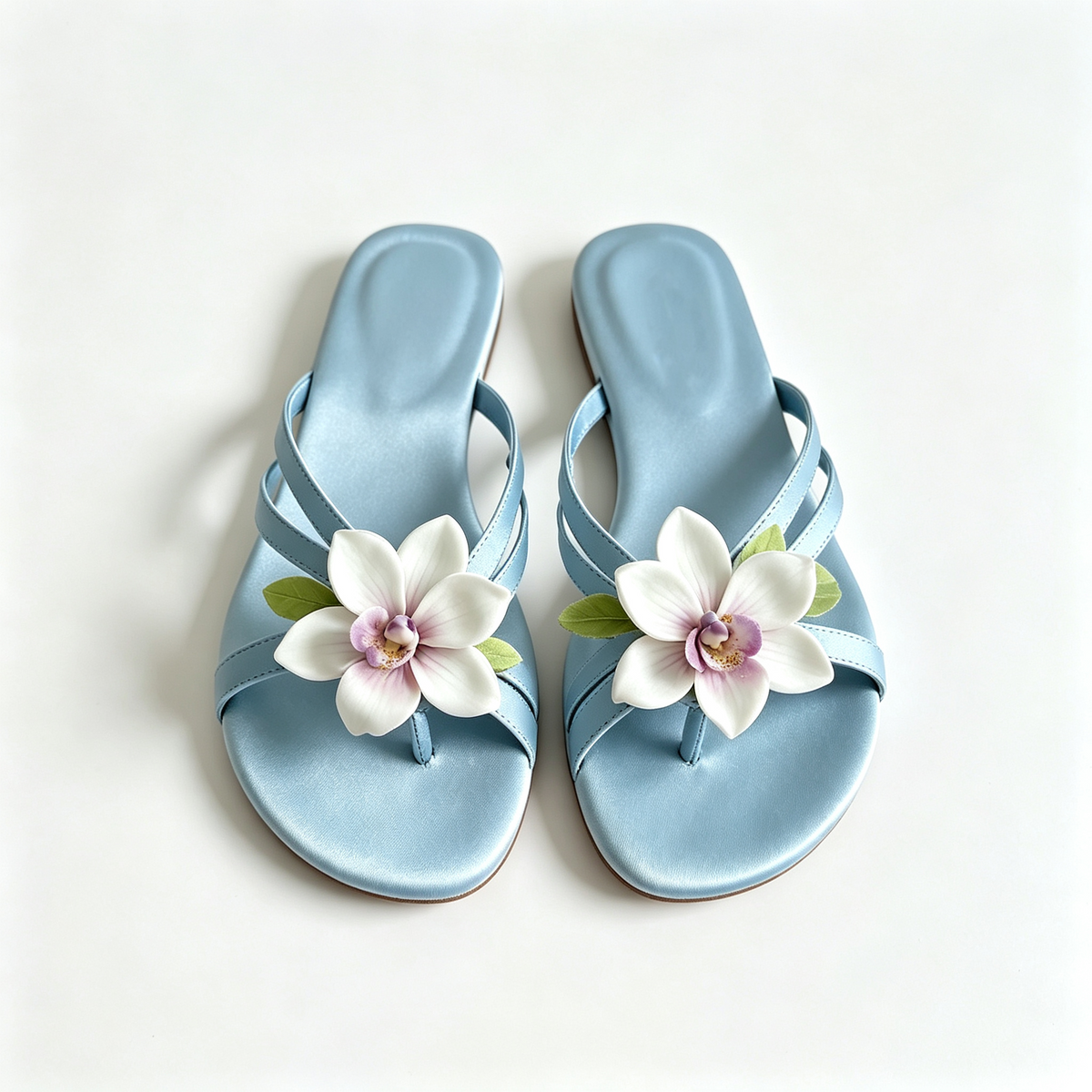 Women Light Blue Satin Orchid Thong Slide Sandals
