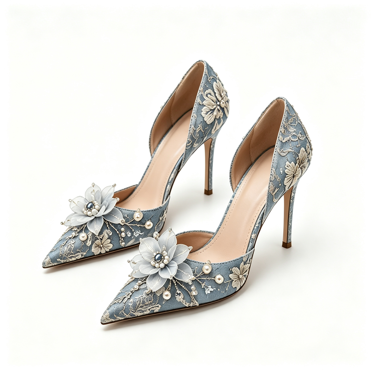 Women Light Blue Embroidered Flower Pearl Pointed Toe Stiletto Heels