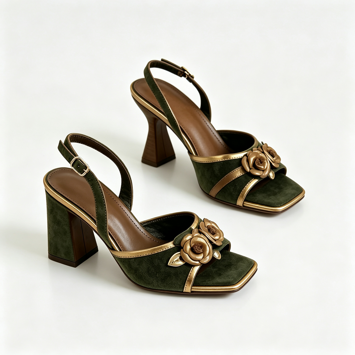 Women Dark Green Suede Gold Flower Square Toe Block Heel Mules