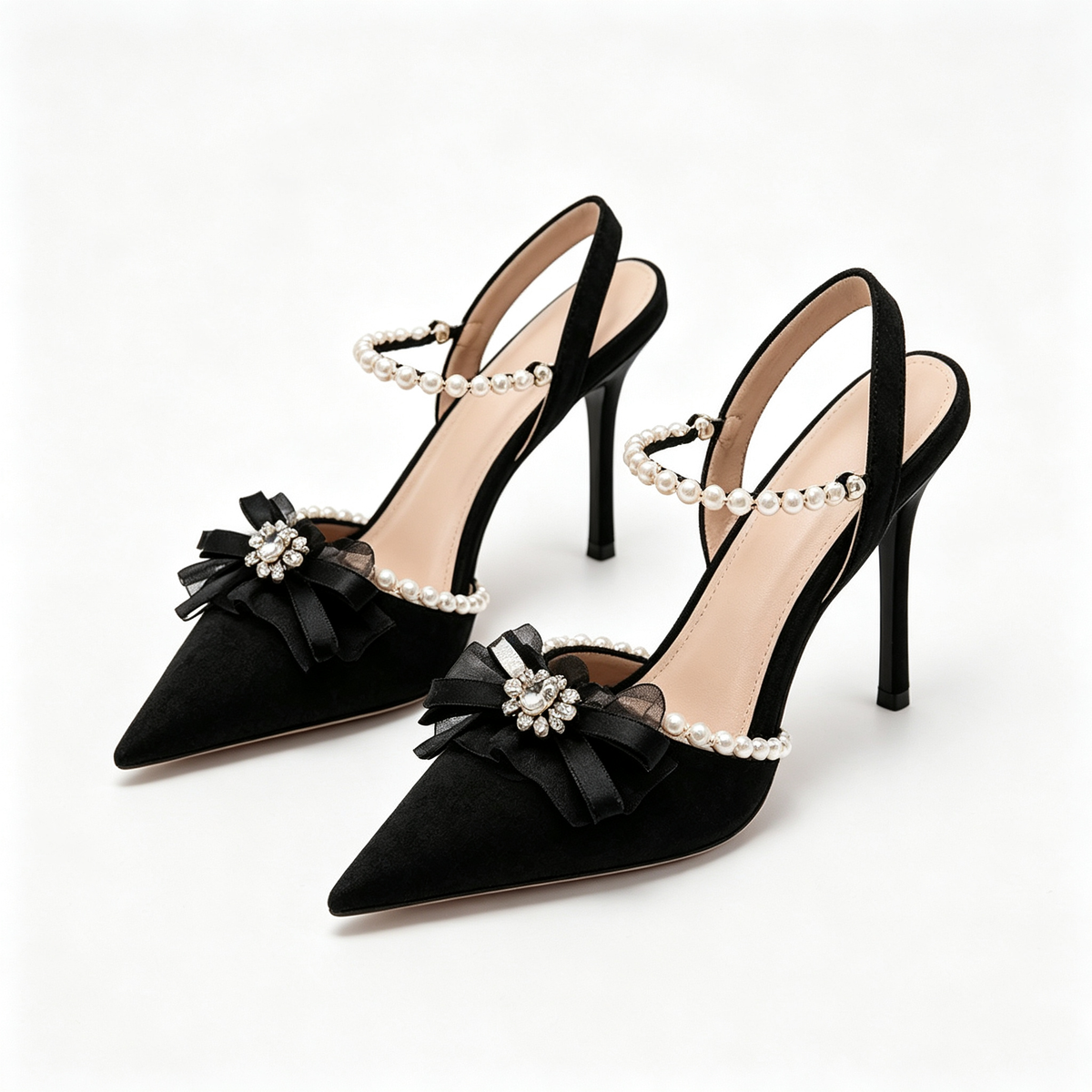 Women Black Suede Pearl Bow Pointed Toe Stiletto Backless