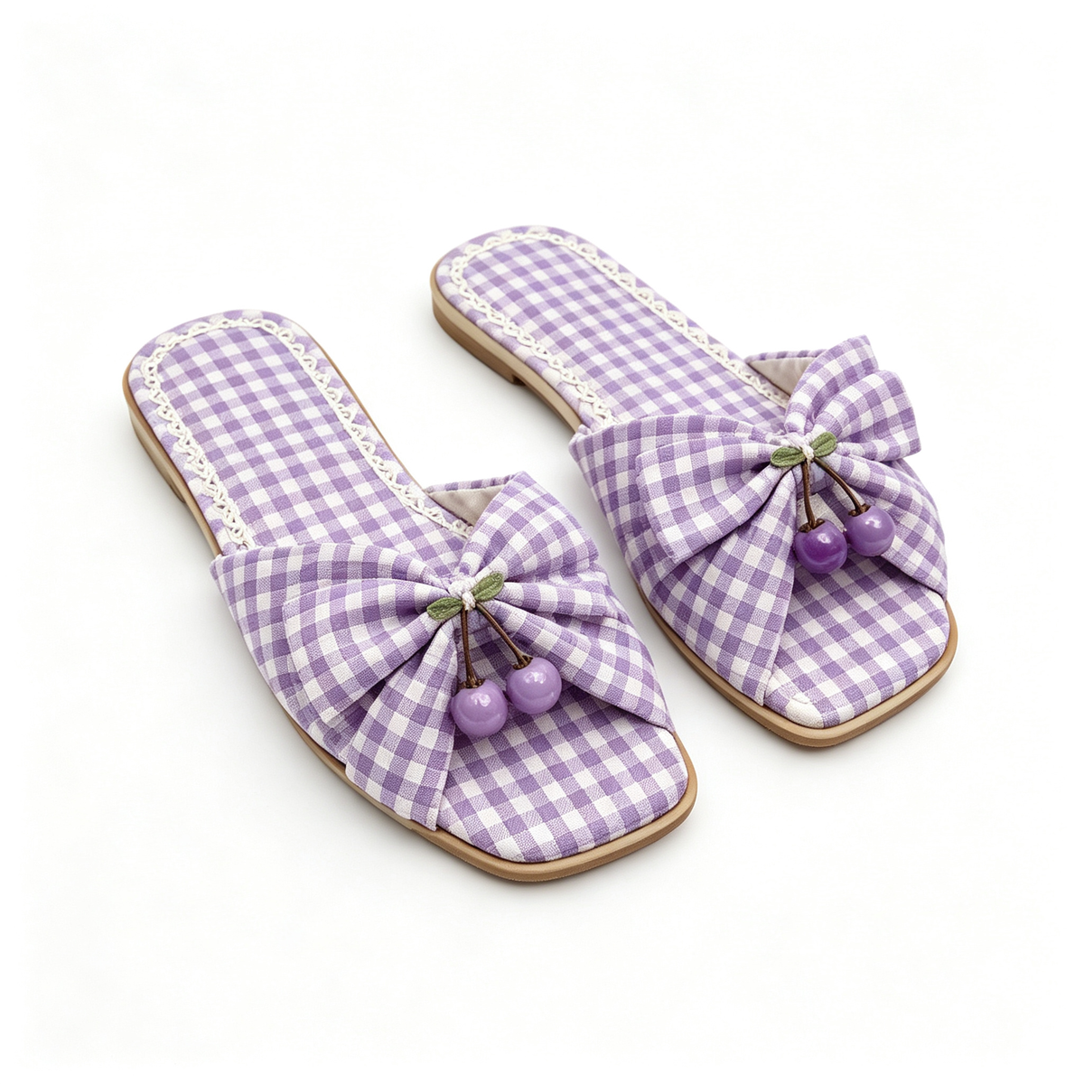 Women Lavender Check Bow Thong Slide Sandals