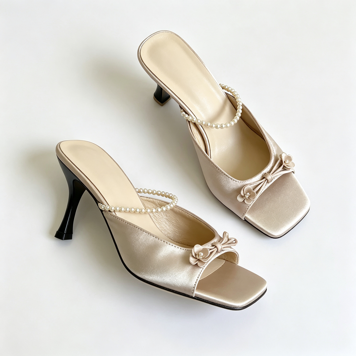 Women Champagne Satin Pearl Bow Square Toe High Heel Slides